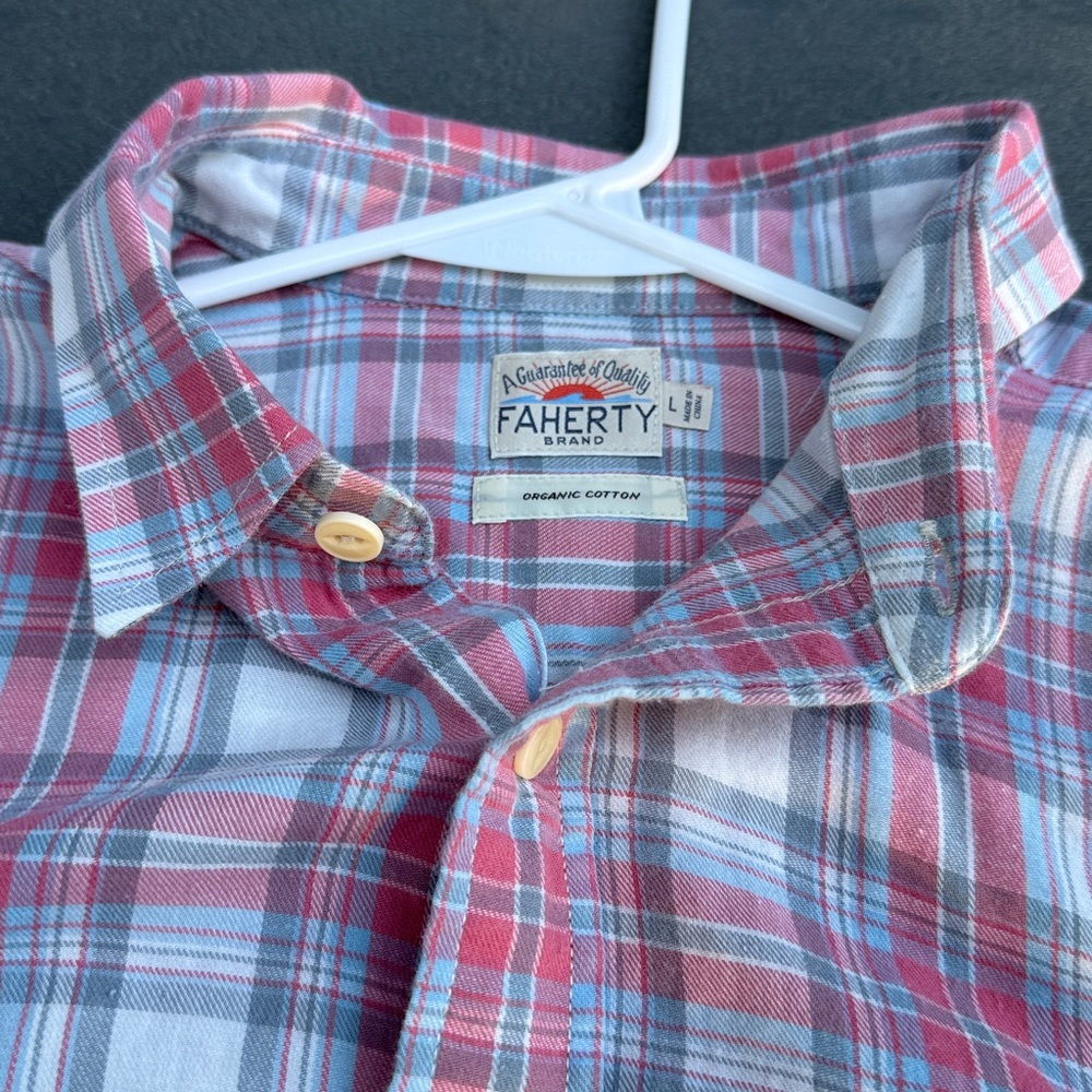 Faherty Men's White and Red with Blue stripe Plaid Shirt